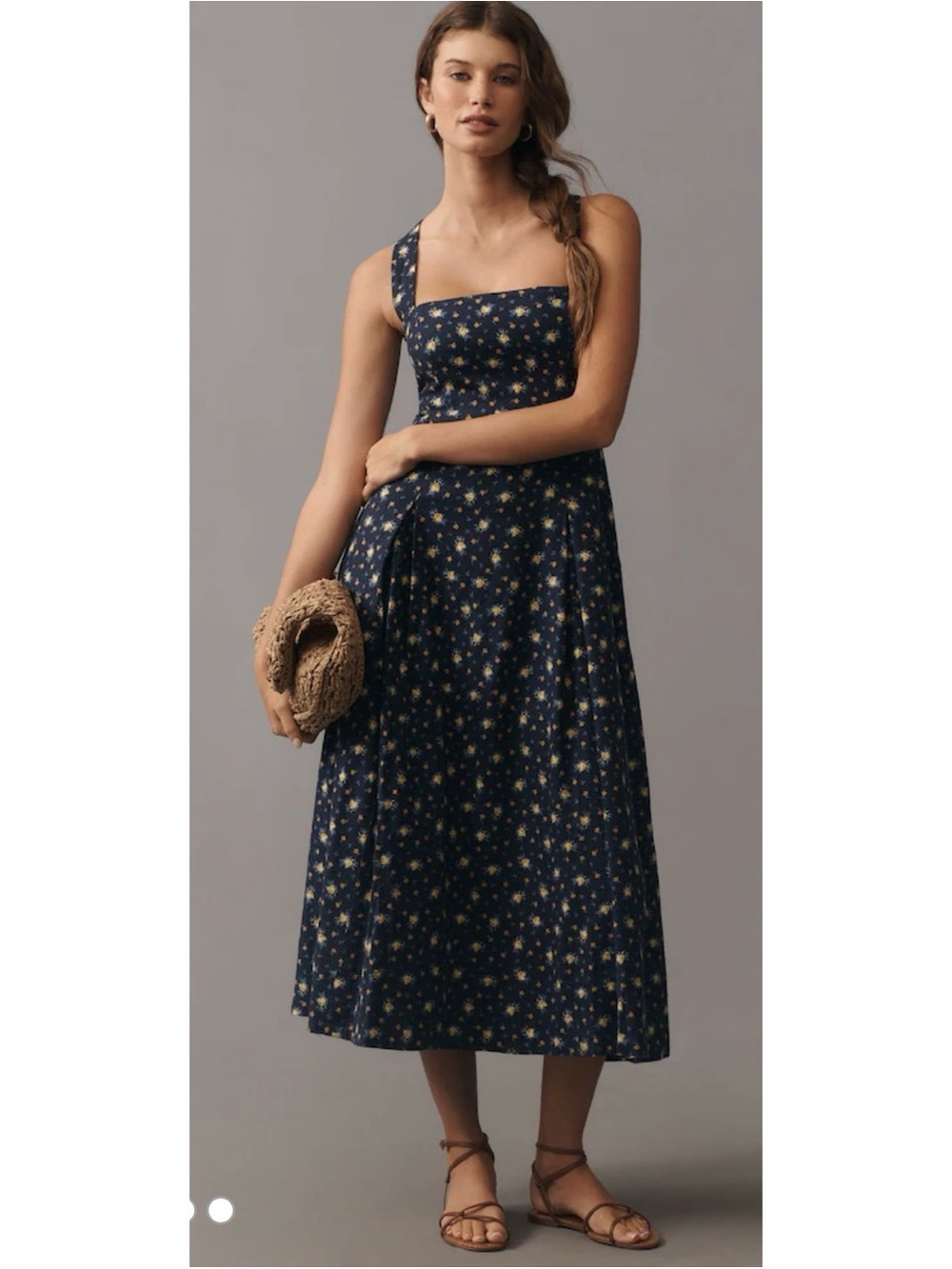 Square-Neck Navy Floral Midi Dress